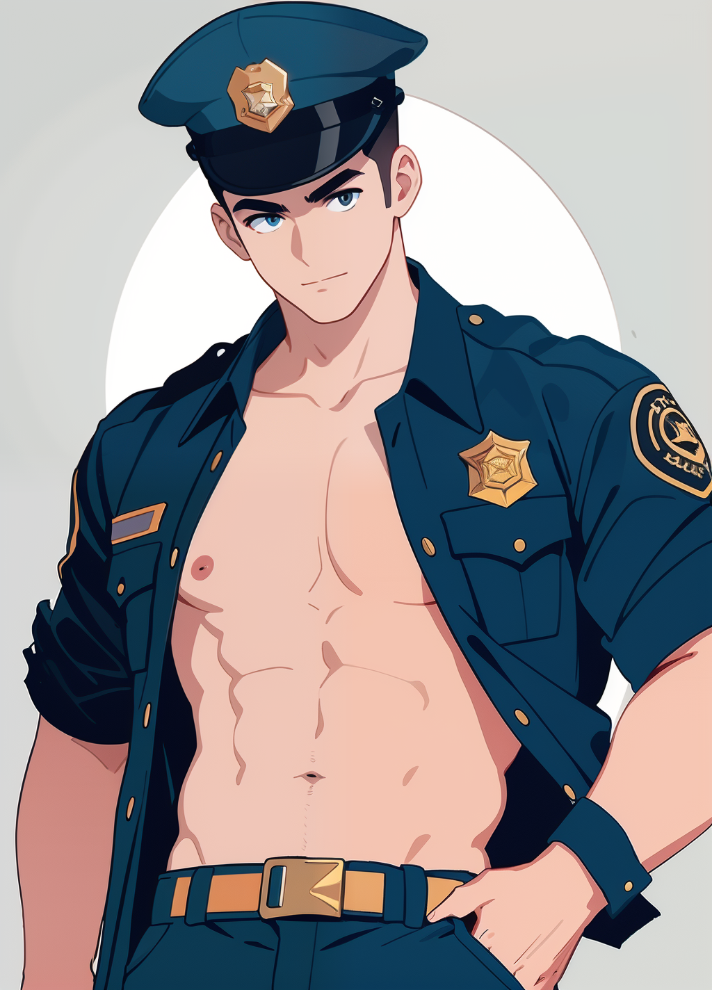 04978-2575530344-black-color, open clothes, hat, shirt, belt, pants, baton, badge, cuffs, 1boy, solo, male focus _lora_kk-boy_0.8_ _lora_扁平风格插画(支.png